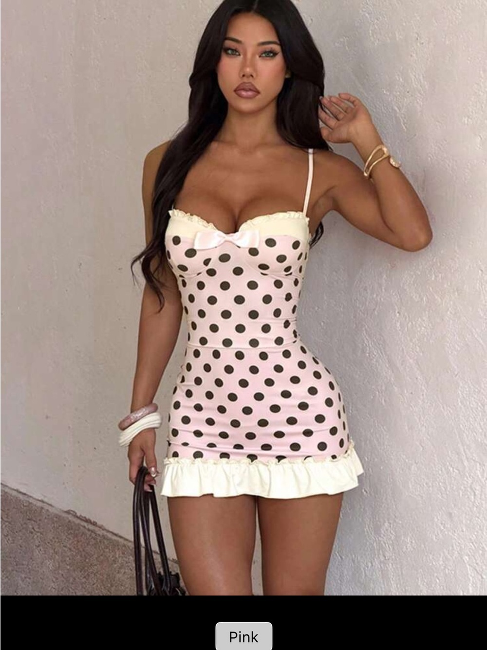 Pale Pink Polka Dot Satin Ruffle Mini Dress